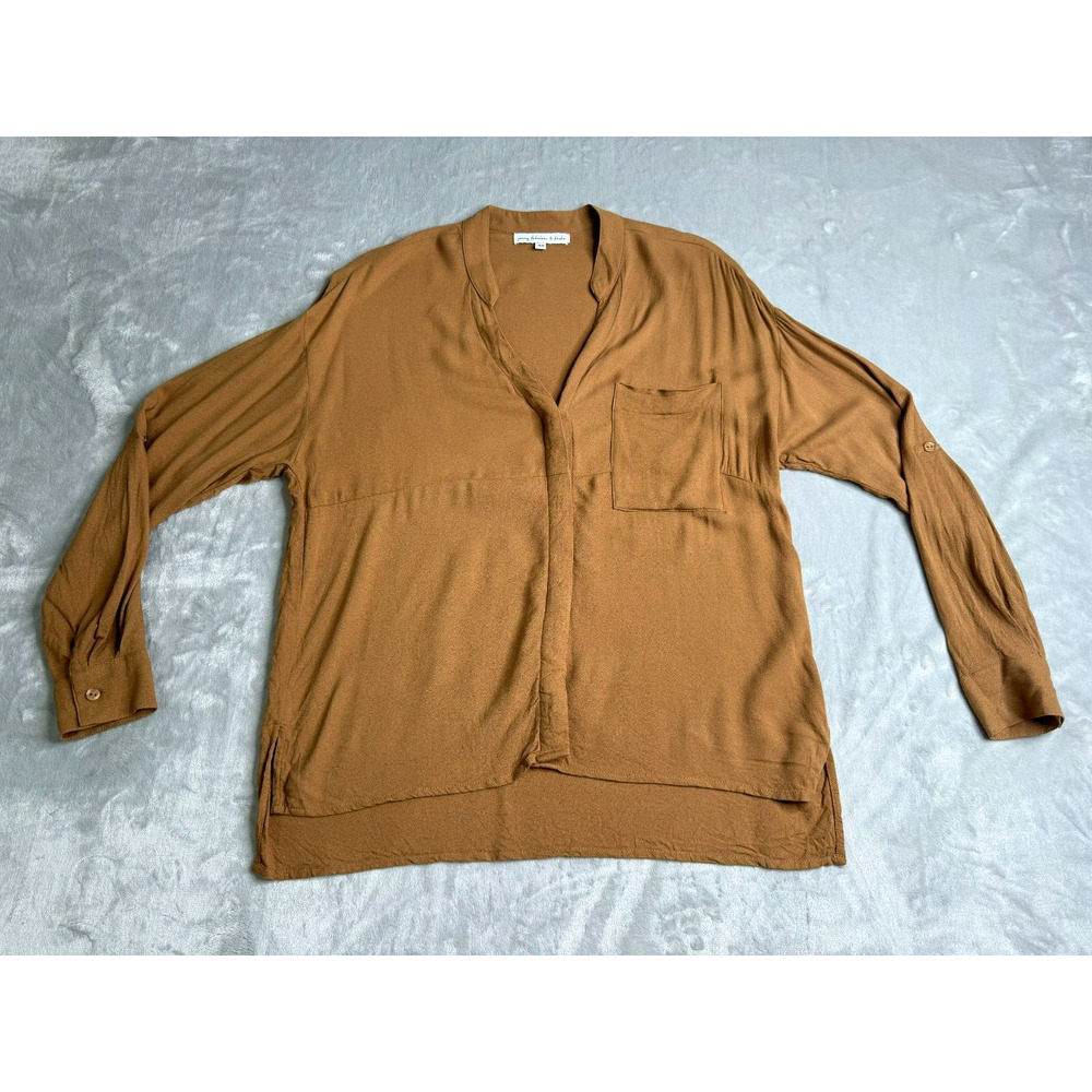 Young Fabulous & Broke Top Womens XS Brown Long Roll Tab Sleeve Hidden Button